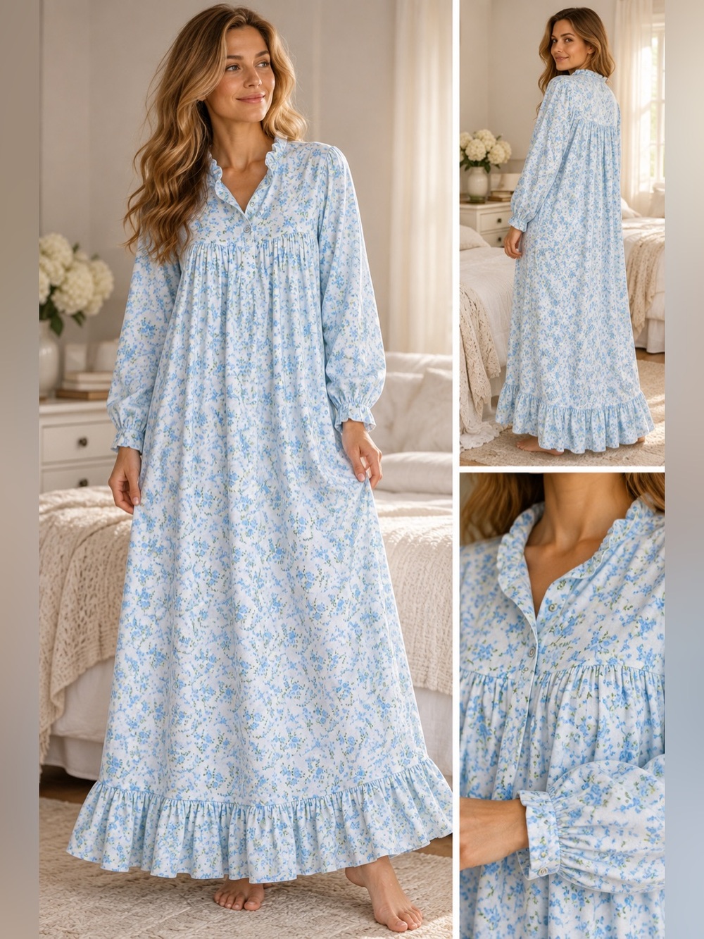 Lady Lindsay Blue Floral 100% Cotton Ruffle Maxi Nightgown Cottagecore Granny